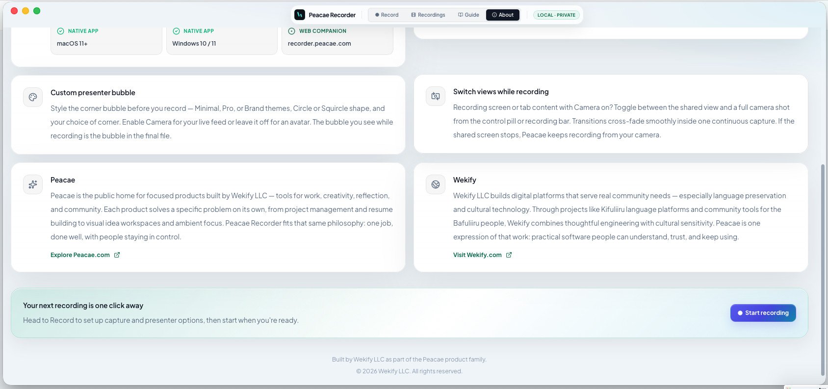 Peacae Recorder about page feature cards for bubble styling and switching views while recording.