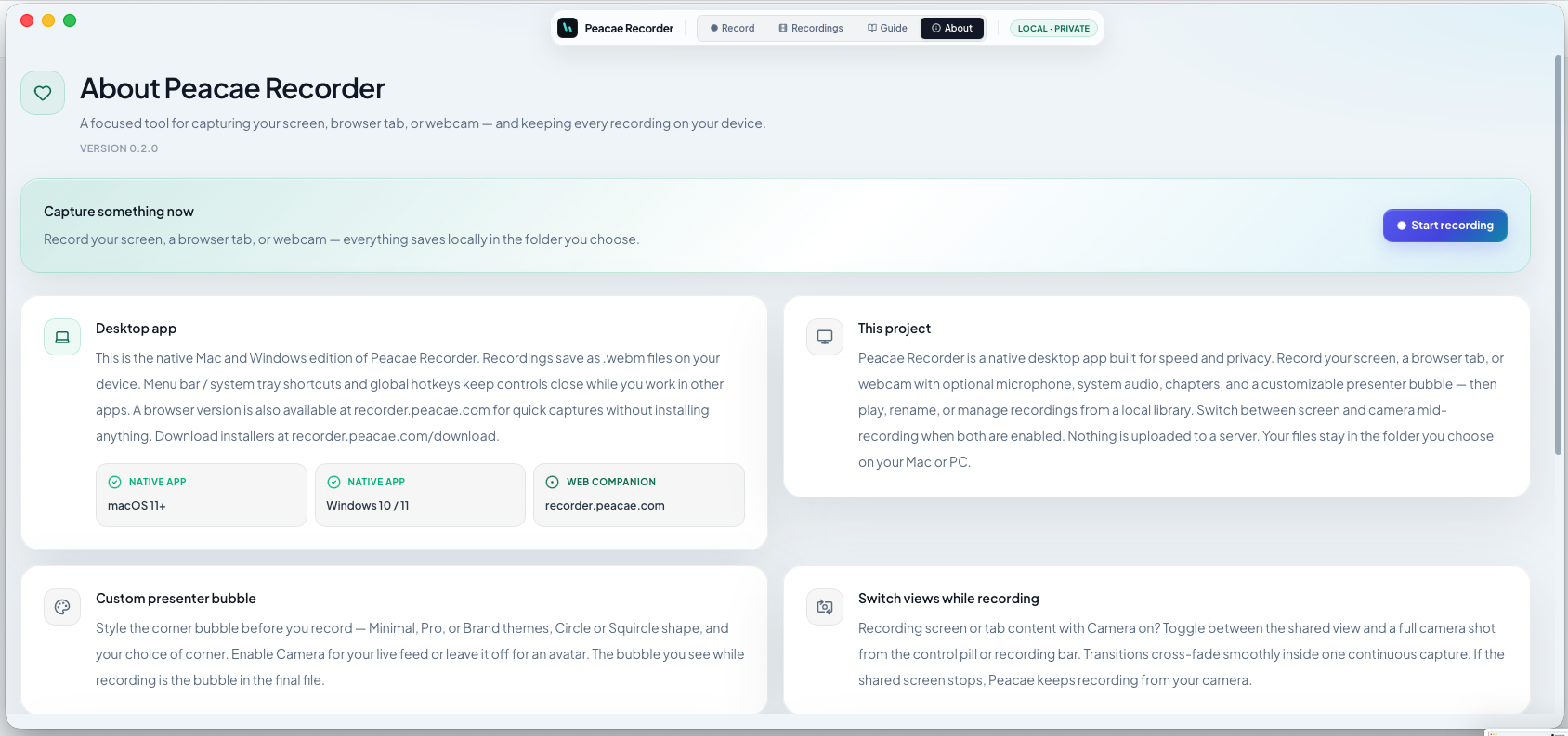 Peacae Recorder desktop about page showing product overview and platform options.