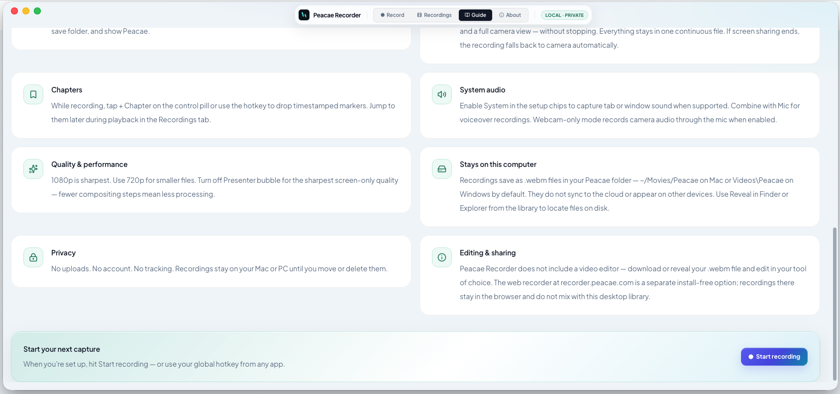 Peacae Recorder guide cards covering chapters, audio, quality, and privacy.