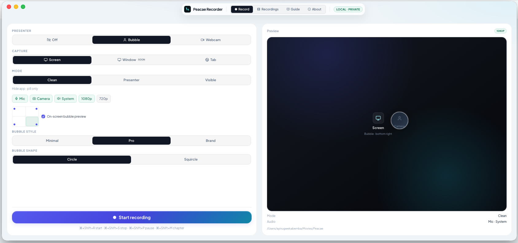 Peacae Recorder desktop preview with screen capture and presenter bubble.