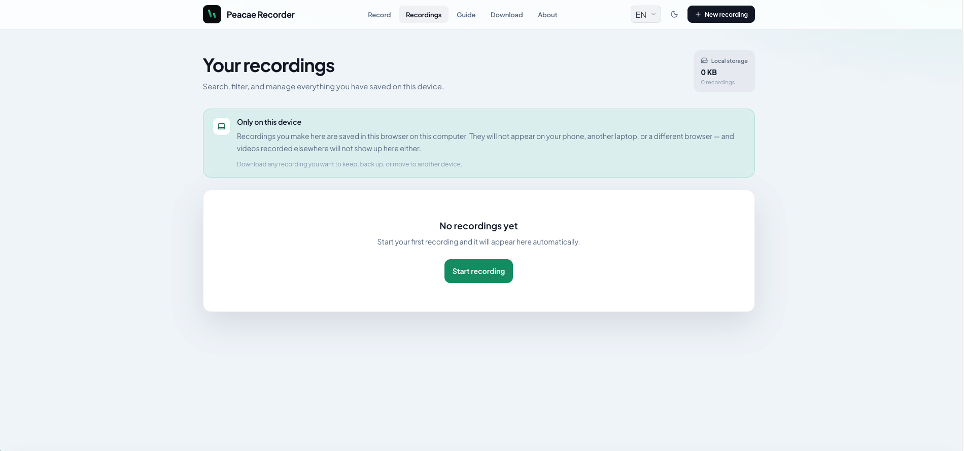 Peacae Recorder recordings library showing local storage and empty state.